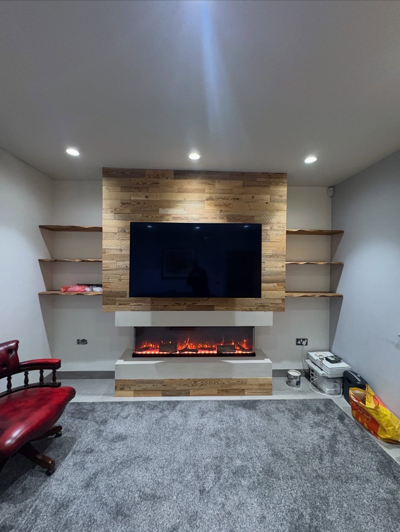 Stone fireplace and media wall